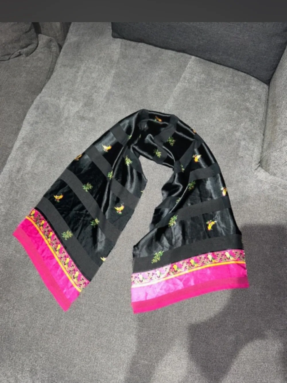 Black and Pink Floral Border Women's Scarf, bottom is fraying
